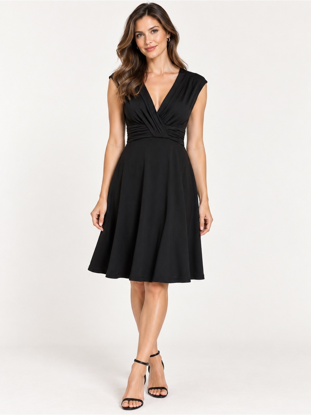 White House Black Market Size 0 Black Wrap V Neck Ruched Waist Fit & Flare Dress